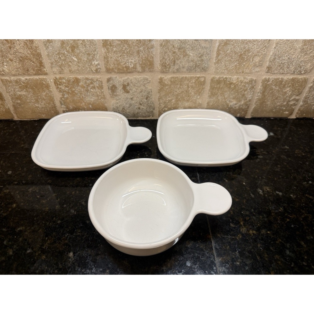 3 pc CORNING WARE White Grab It Square Sandwich Snack Plates & Bowl